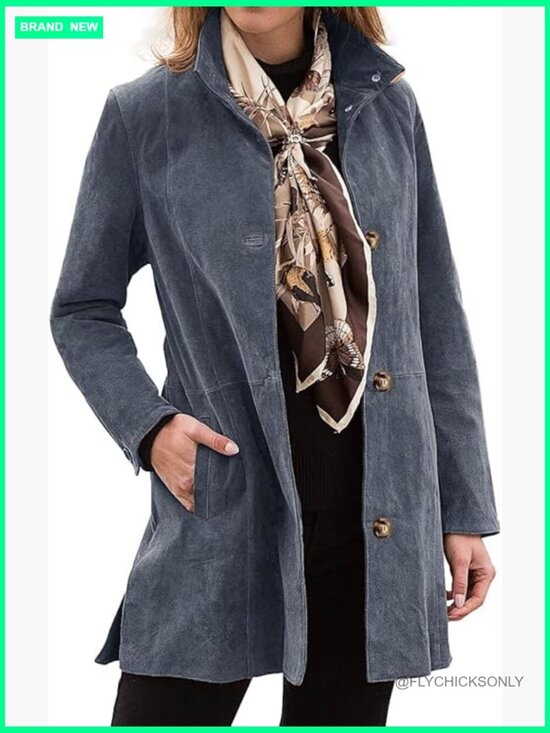 Jackets & Blazers - Women's Suede Leather Coat Stand Collar Single Breasted Overcoat Mid Length